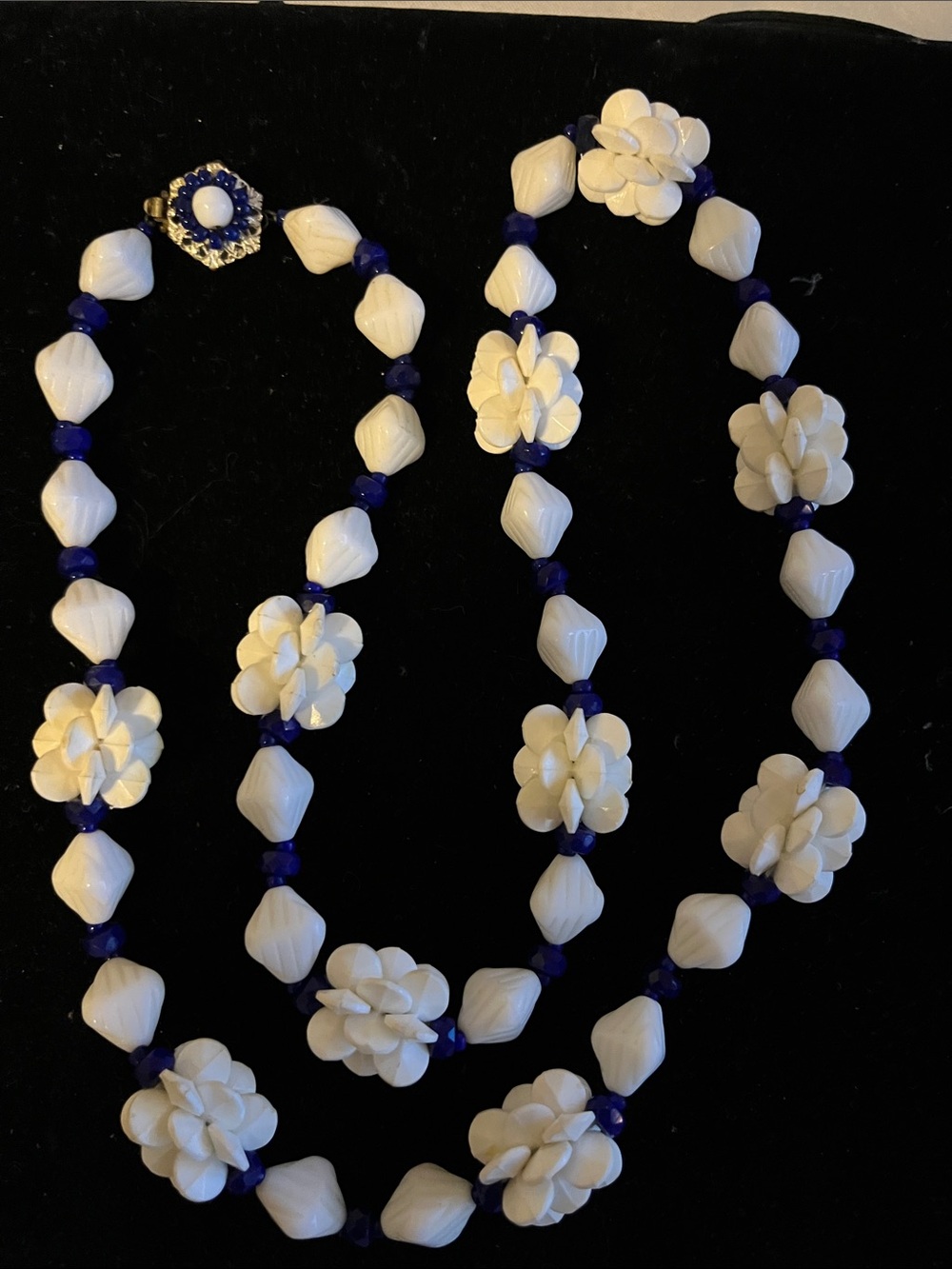 Miriam Haskell White Floral Bead Necklace with Blue Spacers